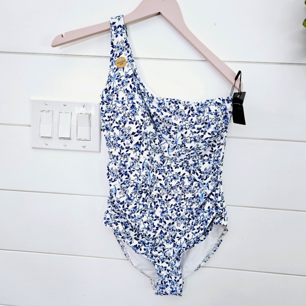 Nip tuck shabby chic blue French floral one piece slimming swimsuit